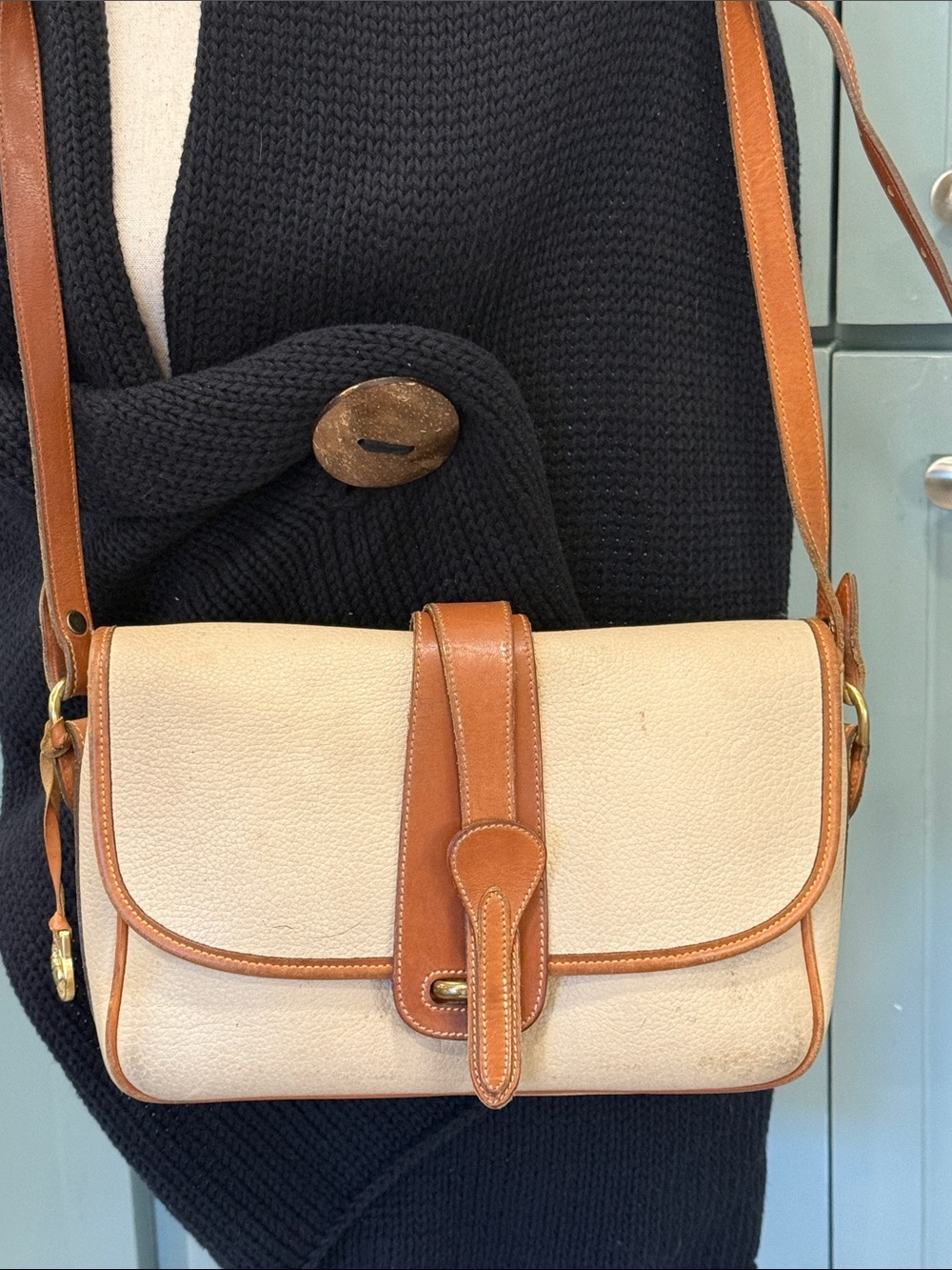 Dooney & Bourke Cream and Tan Leather-Trim Shoulder Bag Vintage